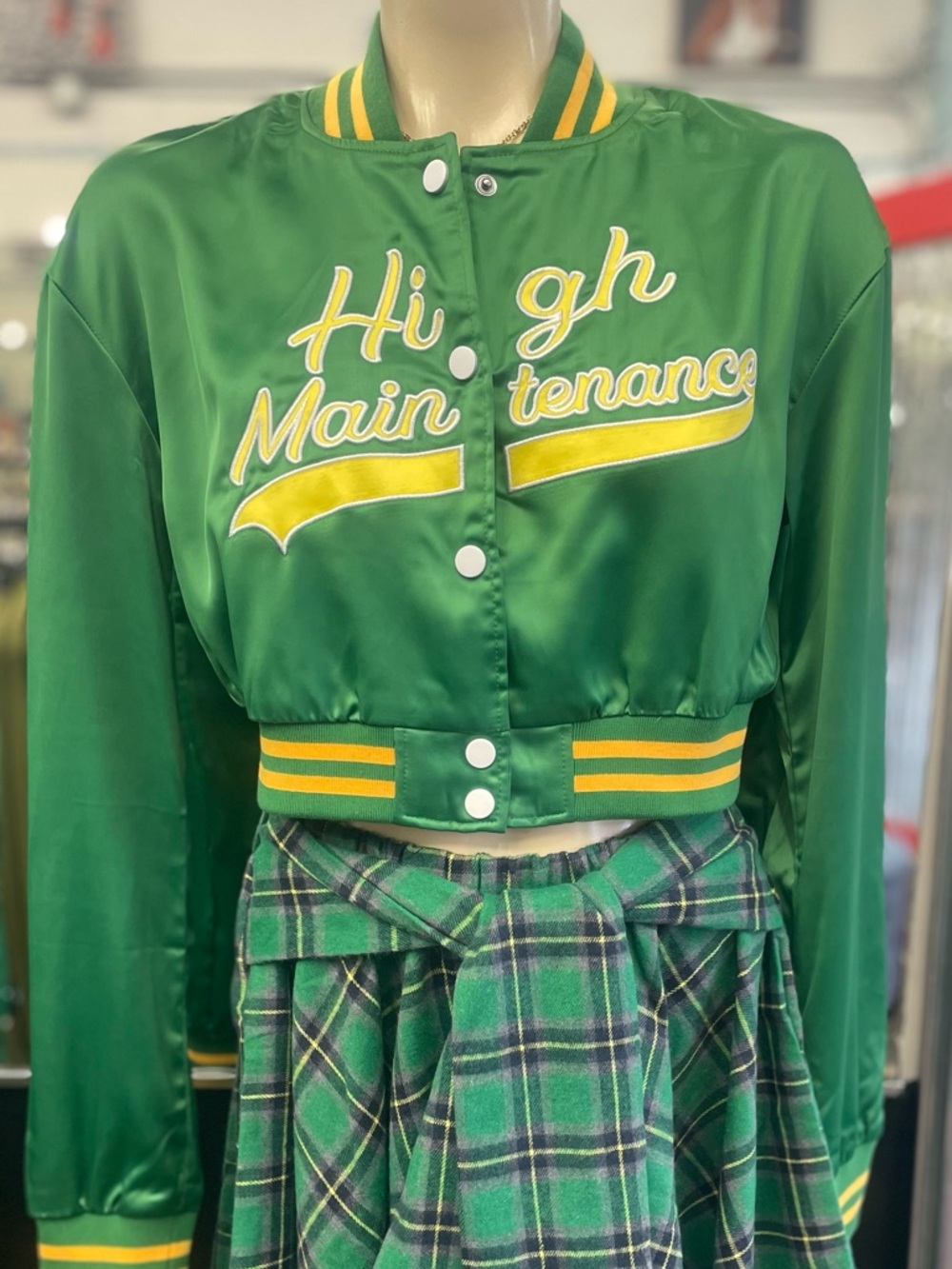 Green Satin Cropped Bomber Jacket with Yellow Stripe Accents -High Maintenance